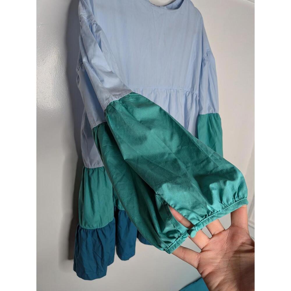 AARON & AMBER Color Block Tiered Mini Dress Blue Teal Green Puff Sleeve Size L - Picture 4 of 8